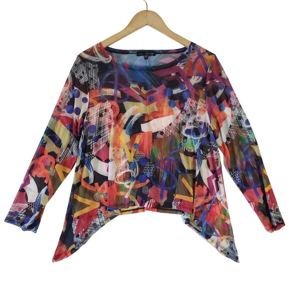 Kozan Womens Sheer Abstract Multicolor Long Sleeve Top Size S Artsy Electric - Picture 1 of 6